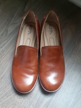 Earth Cognac Leather Slip-On Loafers for Women